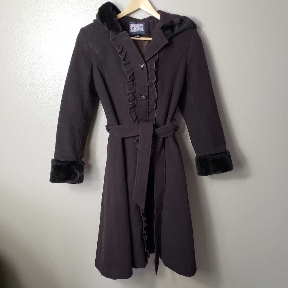 Rothschild Girls Insulated Brown Wool Blend Hooded Long Coat w/Tie Waist-Size 12